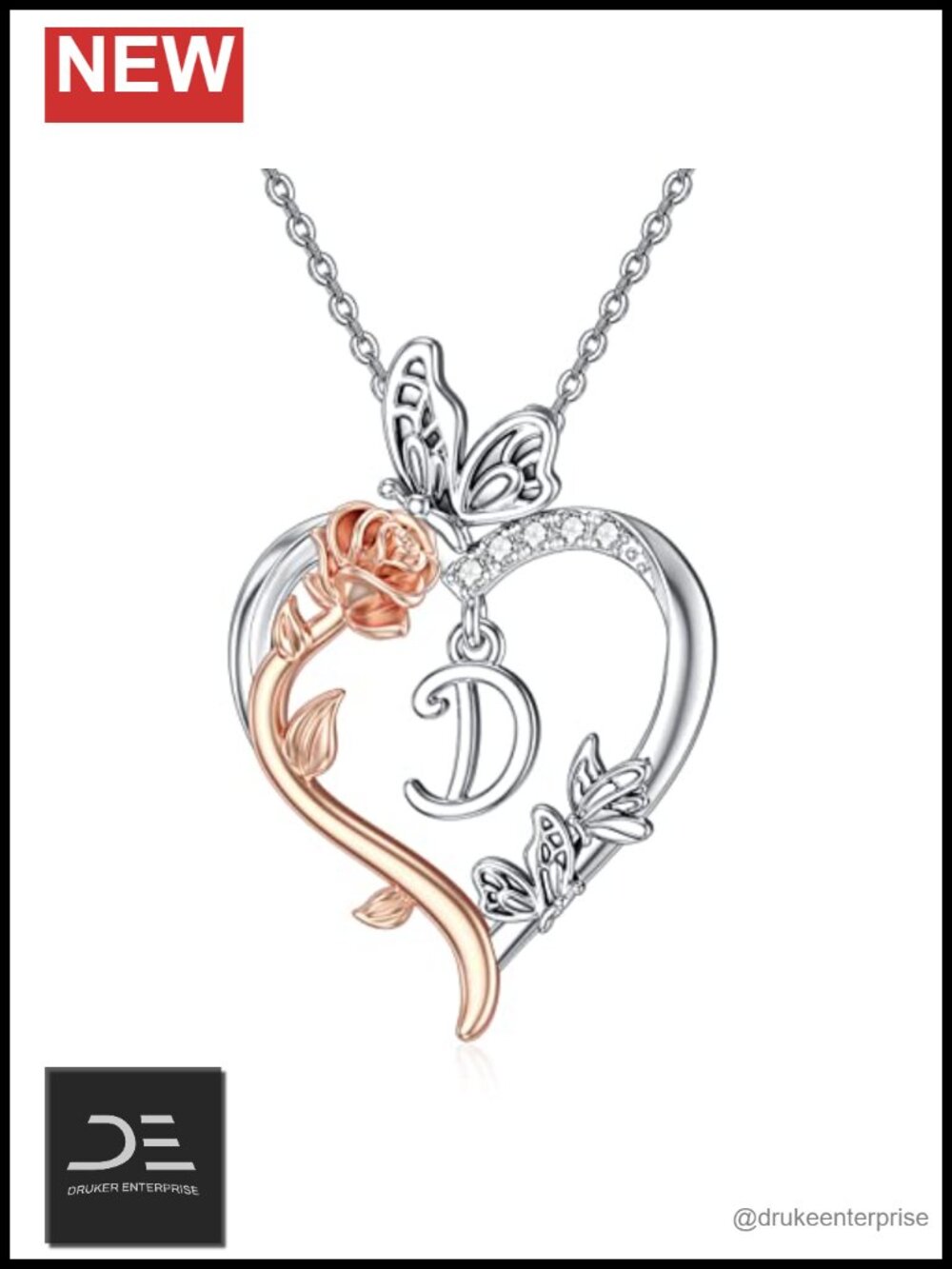 Rose Heart Initial Necklace 925 Sterling Silver Pendant Jewelry Gift for Women